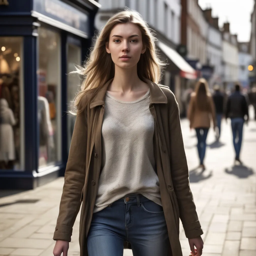 Prompt: Tall young woman walking down the high street, detailed clothing, realistic, natural lighting