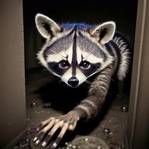 Prompt: Photo of a cute young woman crawling in a dark eery cell, turning into a feral raccoon. She grows raccoon ears, tail and whiskers. Her nose is a raccoon nose. Her legs and arms are raccoon legs. She has human eyes. She looks scared and desperate. There is a dirty metal bowl with water in the corner.
Photorealistic, 4K, UHD, amateur photo, trending on deviantart