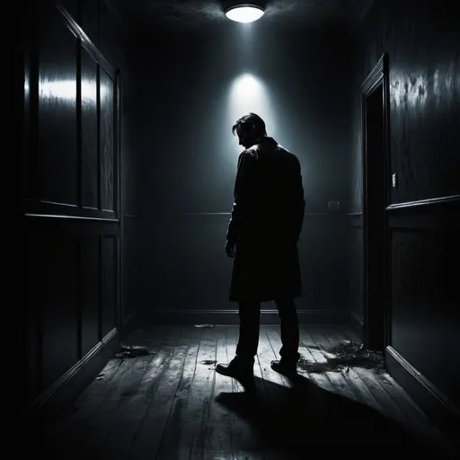 Prompt: Dark, psychological wallpaper image featuring high-contrast, dramatic lighting, highres, ultra-detailed, psychological, thriller, intense showdown, brooding atmosphere, sinister, mysterious, dark tones, moody lighting, professional, gritty aesthetic