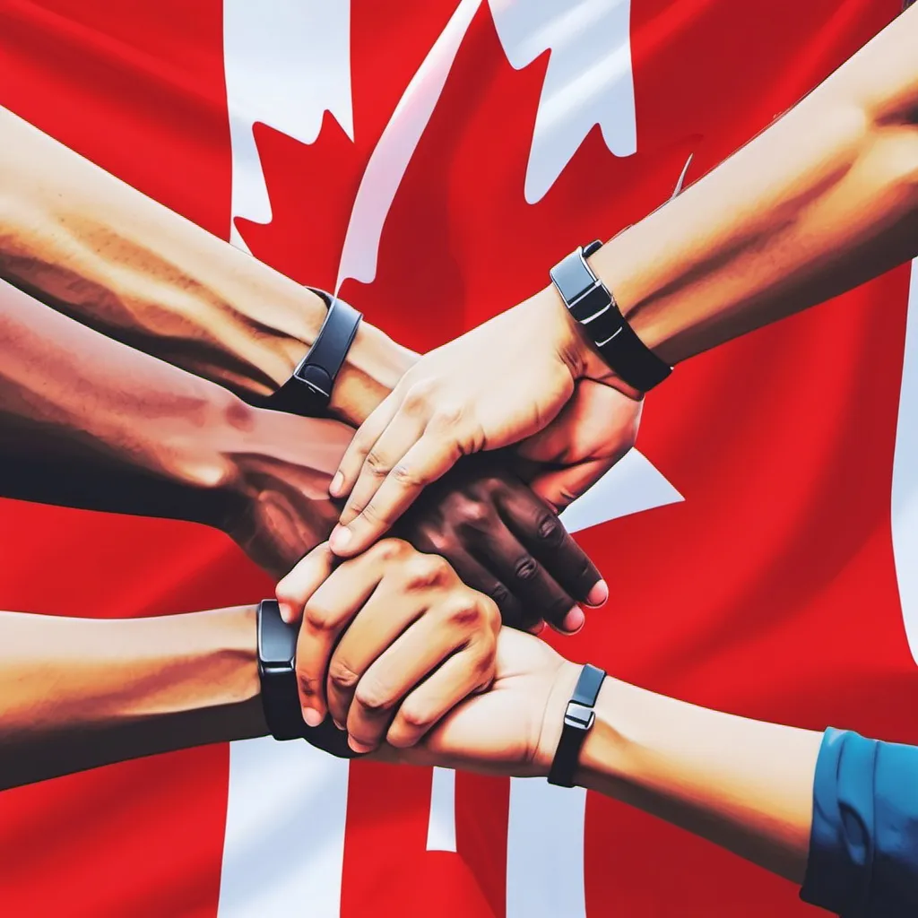 Prompt: i need some freind life with happy togather , they holdup with theri hands . and theri bakgroung canada flag