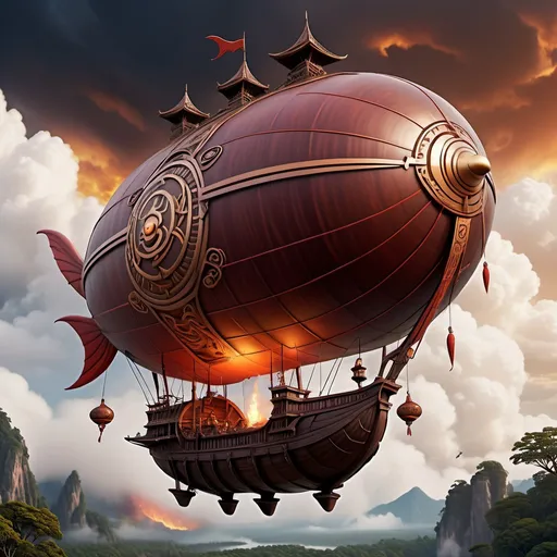 Prompt: Evil looking fire nation airship with a big capsule shaped baloon that have a pointy nose and a big tail for stering, flying in clouds, small wooden hull with intricate designs, mystical and enchanting atmosphere, highres, detailed, fantasy, majestic, intricate woodwork, mystical, dark lighting