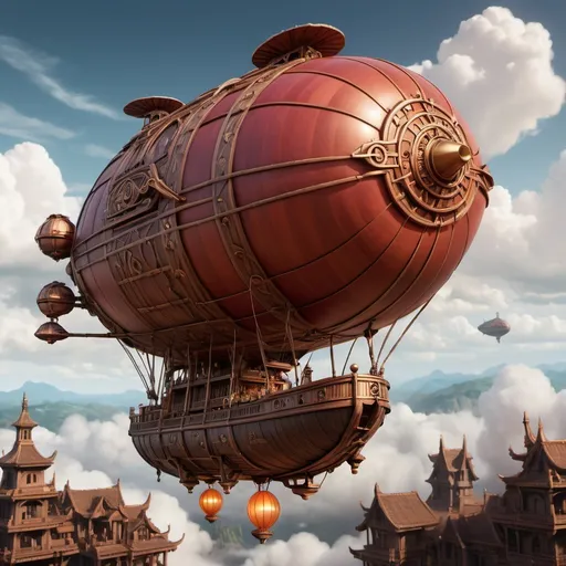 Prompt: Fire nation airship with a big capsule shaped baloon that have a pointy nose flying in clouds, small wooden hull with intricate designs, mystical and enchanting atmosphere, highres, detailed, fantasy, steampunk, majestic, intricate woodwork, mystical atmosphere, enchanting, professional lighting