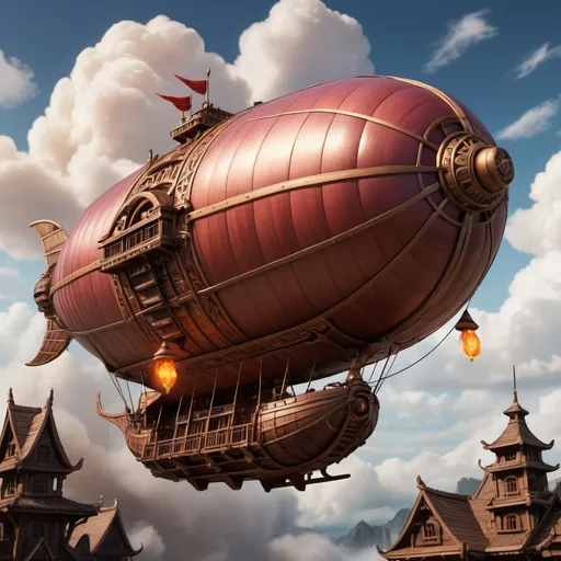 Prompt: Fire nation airship with a big capsule shaped baloon that have a pointy nose flying in clouds, small wooden hull with intricate designs, mystical and enchanting atmosphere, highres, detailed, fantasy, steampunk, majestic, intricate woodwork, mystical atmosphere, enchanting, professional lighting