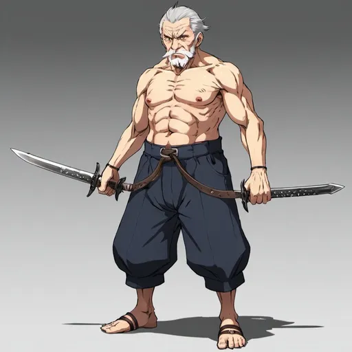 Prompt: "PK-JIICHAN". Anime character. Buff old man "Player-Killer" in fictional MMO. Buff, and wields two daggers.