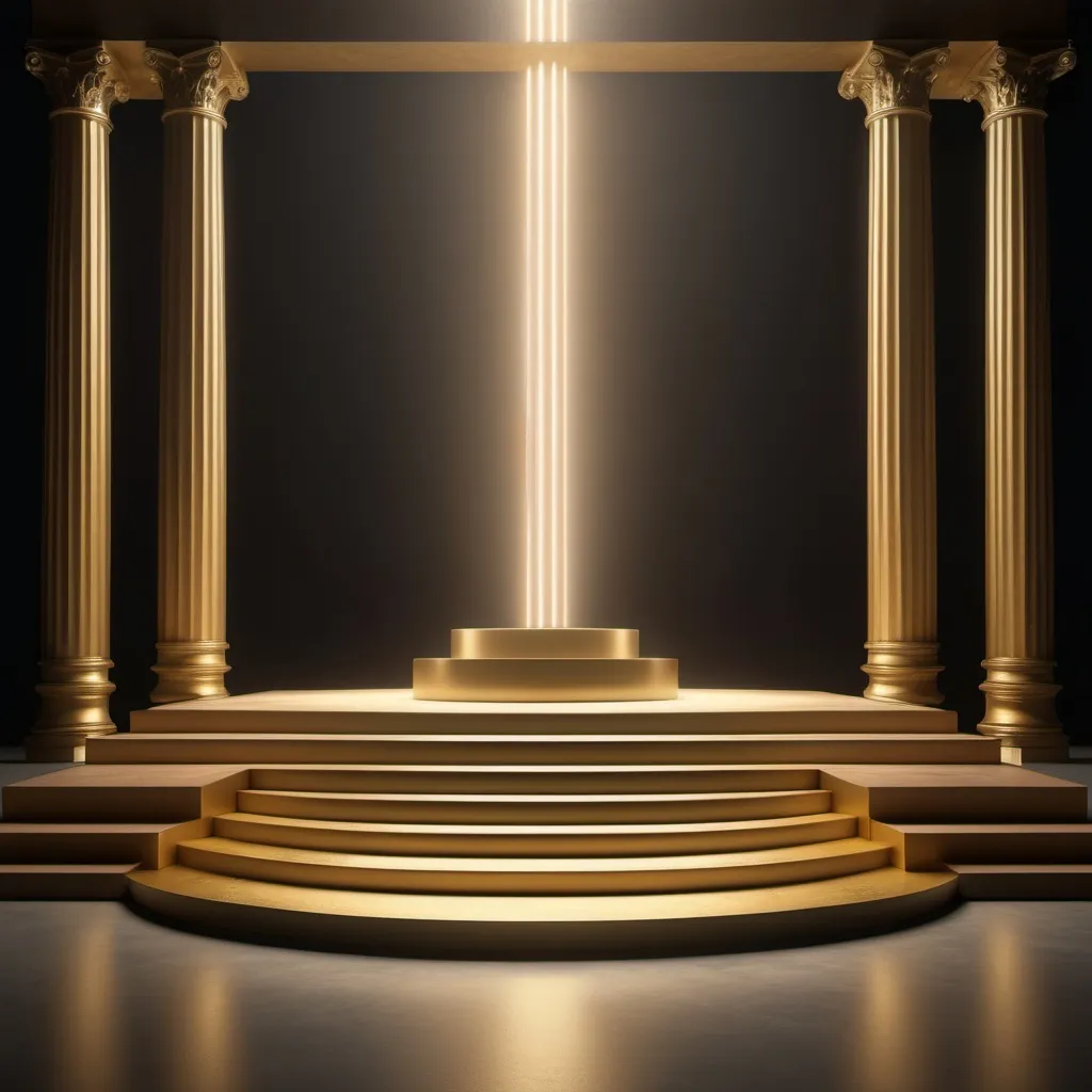 Prompt: a stage with columns and lights in the background with a spotlight coming from the center of the stage and a podium with steps, Évariste Vital Luminais, symbolism, gold, a digital rendering