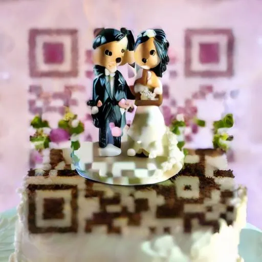 Prompt: wedding theme. figures of bride and groom and top of wedding cake. 