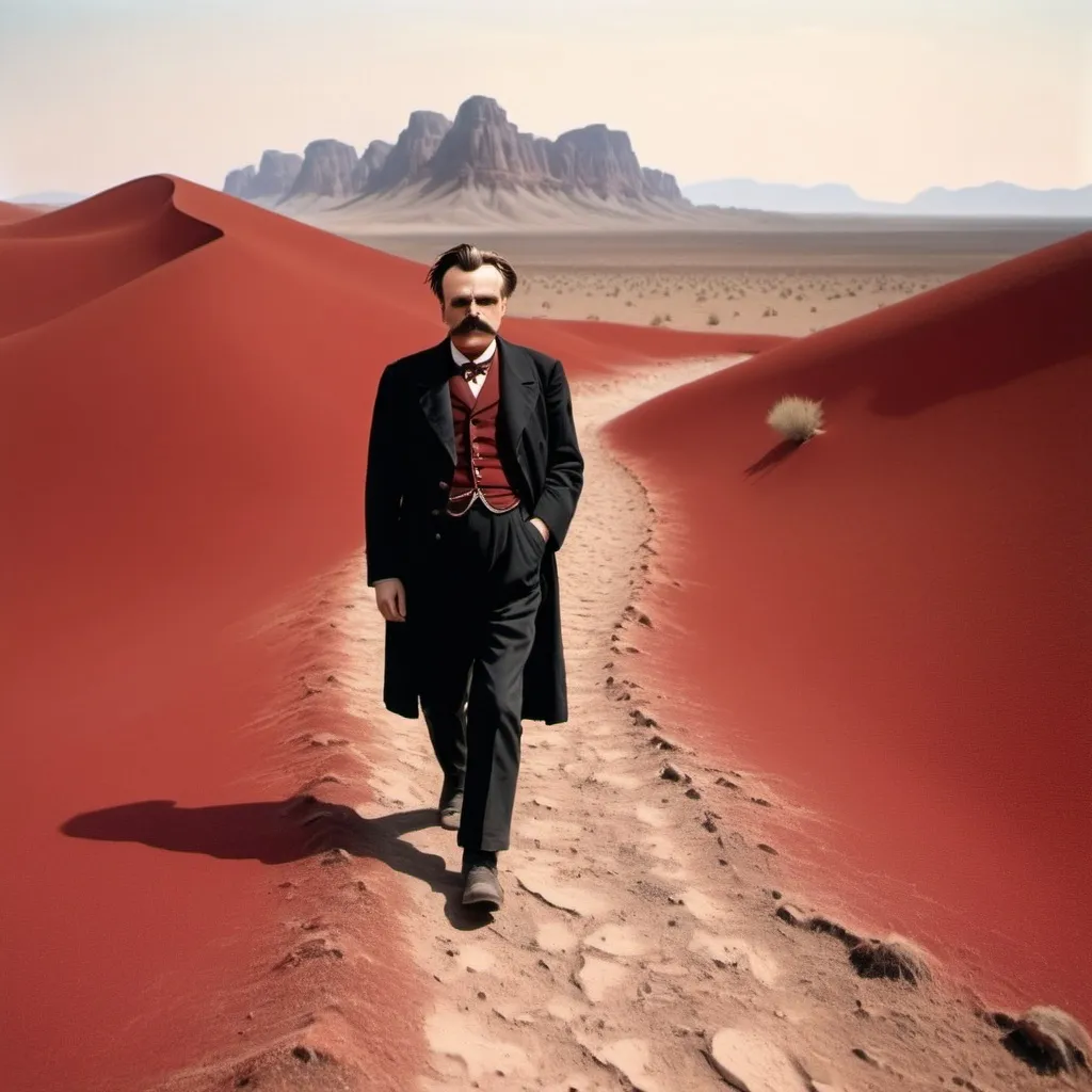 Prompt: Sad and depressed Friedrich Nietzsche walking in red desert 