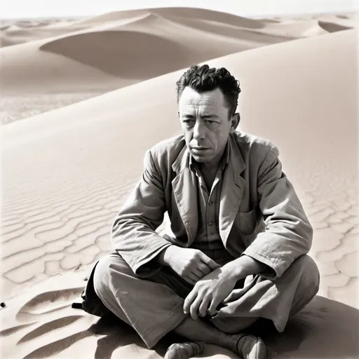 Prompt: Tired Albert Camus in sahara desert