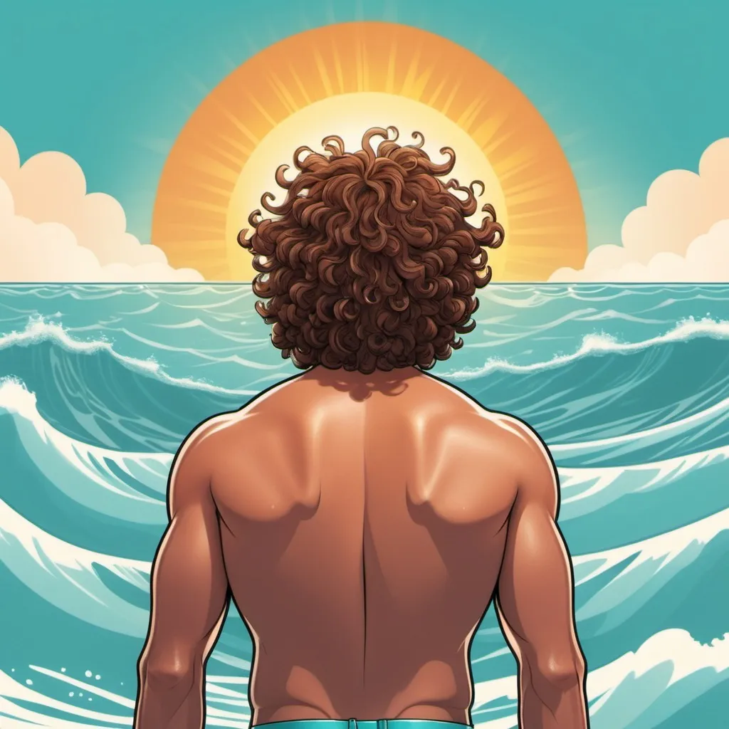 Prompt: make an album cover in a cartoon style of a man with brown curly hair facing an aqua sea with his back turned toward the camera. the sun is blazing just over his head