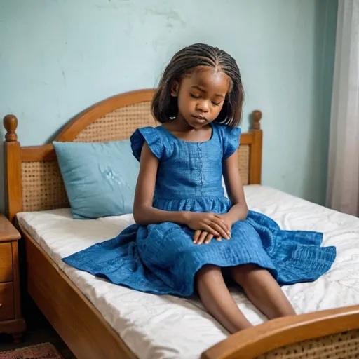 Prompt: Full body of Nigerian girl 6 years old on Weaved hair, wearing a blue dress sleeping on her bed in her room