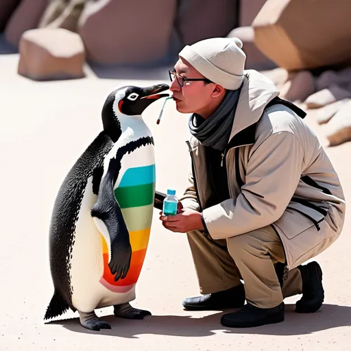 Prompt: Penguin sniffing drugs with a lama