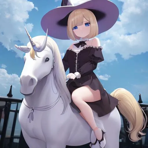 Prompt: a blonde with a short above the shoulder bob riding a white unicorn in the sky wearing a witch hat gothic style only one unicorn 
