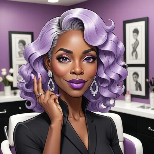 Prompt: a beautiful 50 year old black woman cartoon character with expressive eyes and long lush eyelashes gives a soft engaging look. her hair is styled in voluminous lavender waves perfectly framing her face. she is wearing a pair of gucci diamond earrings which add a touch of elegance to her professional attire. the woman is clad in black attire holding a platinum comb in her hand. her nails are manicured painted with a sparkling design emphasizing her graceful hands. she is standing behind the styling chair in her beautiful designed purple and silver blinged out salon 