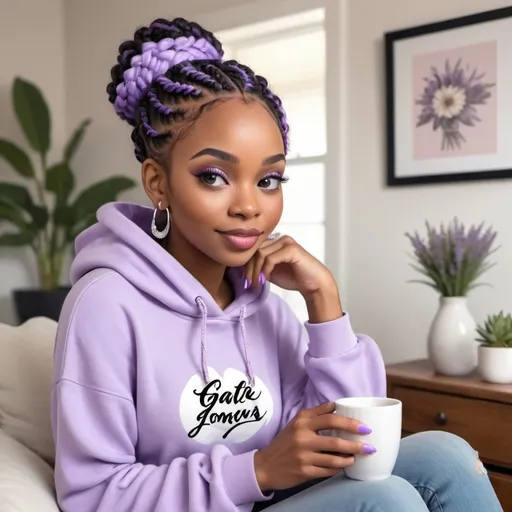 Prompt: a beautiful black woman cartoon with expressive eyes and long lush eyelashes gives you a soft engaging look. her hair is styled in voluminous lavender braids framing her face perfectly. she is wearing a pair of delicate dangling earrings which add a touch of elegance to her cozy attire. the woman is clad in her comfortable lavender hoodie. she is holding a large white mug that reads "GRATEFUL" in bold, black script. her manicured nails are painted with sparkly lavender design emphasizing her graceful hands. she is sitting in her aesthetically pleasing living room with a journal on her lap writing her 2025 goals 