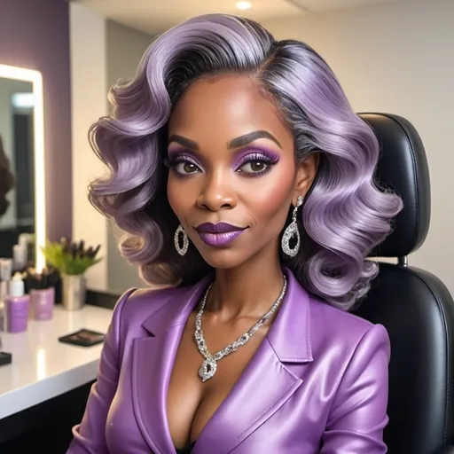 Prompt: a beautiful 50 year old black woman cartoon character with expressive eyes and long lush eyelashes gives a soft engaging look. her hair is styled in voluminous lavender waves perfectly framing her face. she is wearing a pair of gucci diamond earrings which add a touch of elegance to her professional attire. the woman is clad in black attire holding a platinum comb in her hand. her nails are manicured painted with a sparkling design emphasizing her graceful hands. she is standing behind the styling chair in her beautiful designed purple and silver blinged out salon 