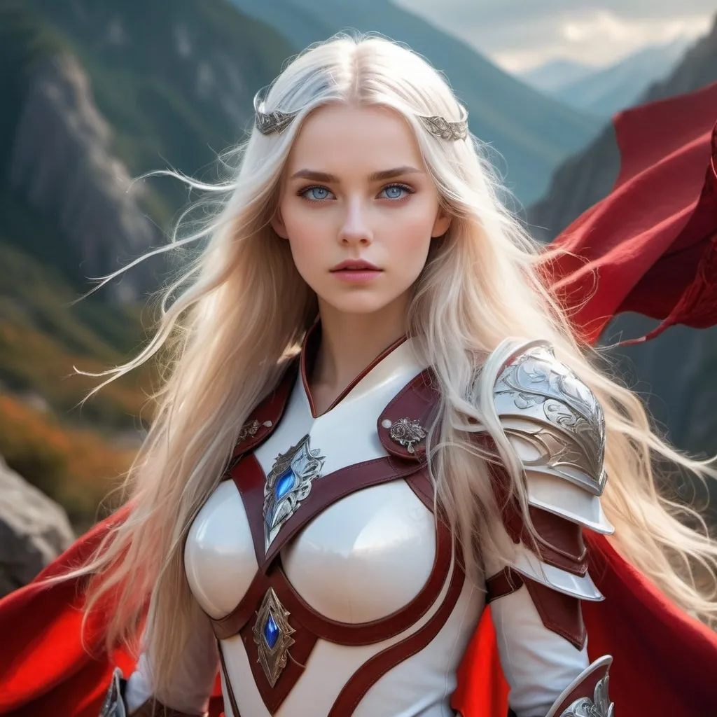 Prompt: Beautiful girl, blue eyes, white long hair, light blush, mountain background, Mage, magic, red leather battle armor,