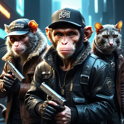 Prompt: Monkey, rat, and cat bandits holding guns, monkey wearing boss hat and holding a cigarette, high-tech digital art, detailed fur and clothing, intense and dangerous gaze, urban futuristic setting, professional quality, 4k, ultra-detailed, digital art, cyberpunk, intense lighting, cool tones, detailed eyes, sleek design, atmospheric lighting