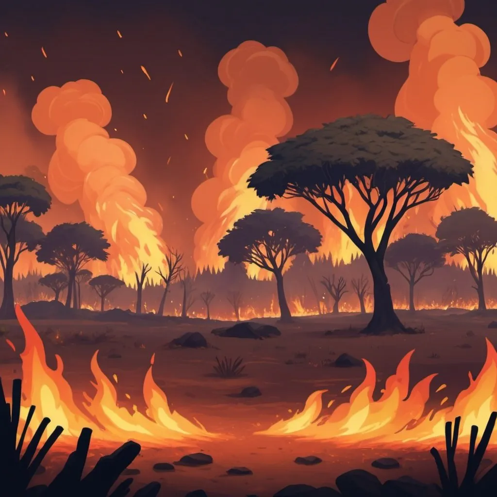 Prompt: A background for a rhythm action game about climate change, Africa, Wildfire in the background starting, embers flying