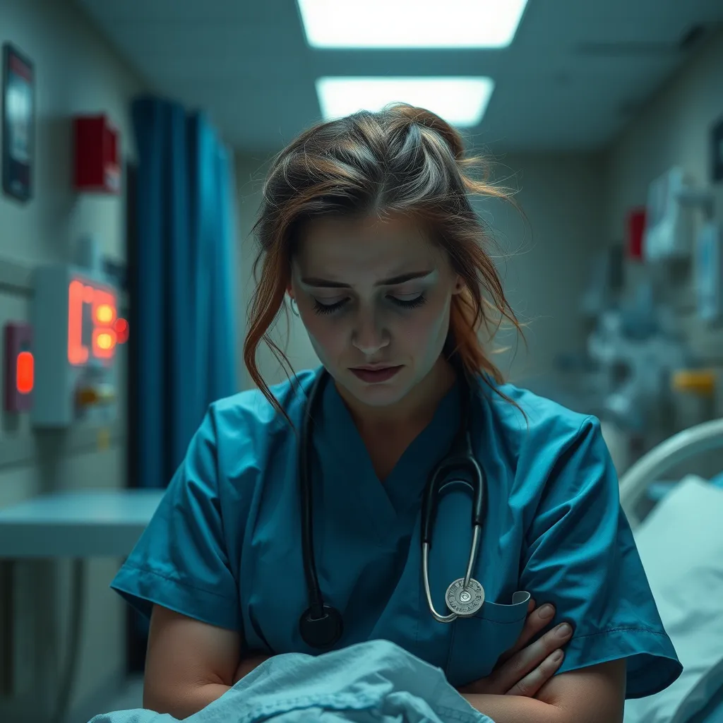 Prompt: an exhausted female physician feeling hopeless and burned out inside a children's hospital
