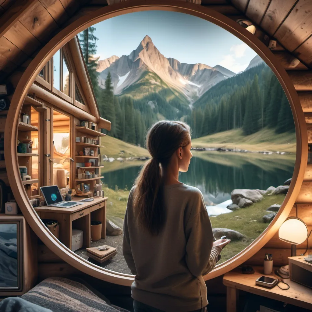 Prompt: A woman living off the grid in a cabin in the mountains is looking in a large mirror that has an image of her in a technologically advanced world with lots of tech symbols