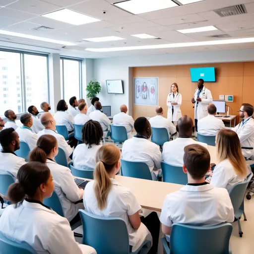 Prompt: a young white female resident physician is at the front of a room in a children's hospital teaching AI to a large group of dozens of distinguished male and female attending physicians and executive leaders from a diverse ethnic background how to apply AI in healthcare