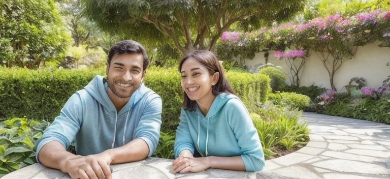 Prompt: Basking in the warm sunlight of a serene garden, a man and a woman pose together for a selfie, with lush greenery surrounding them. The man, wearing a light blue hoodie, smiles broadly while the woman, draped in a vibrant yellow top and a purple scarf, looks serene and content. In the background, well-maintained flowerbeds and decorative plants add a touch of color and life to the scene, while the pathway, lined with stone tiles, invites further exploration. The soft, natural lighting highlights their features and enhances the cheerful, joyful atmosphere, suggesting a moment of connection and shared happiness in this peaceful outdoor setting.