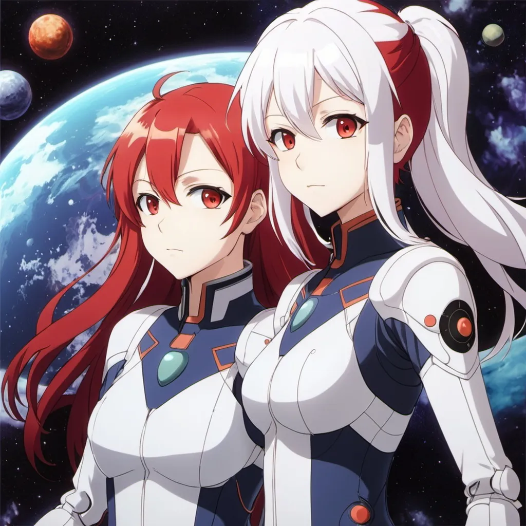 Prompt: two anime girls with red hair and white hair, one with red hair and the other with white hair, Ai-Mitsu, space art, official art, an album cover