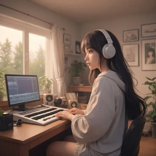 Prompt: anime lofi woman listen music lofi  in his room and learning, hyperrealistic, ultra detailled