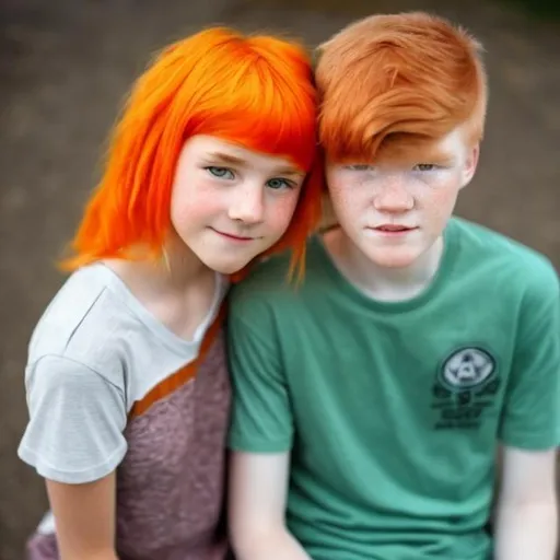 Prompt: e.g. A 14 year old boy with orange hair and a 14 year old girl with minty hair