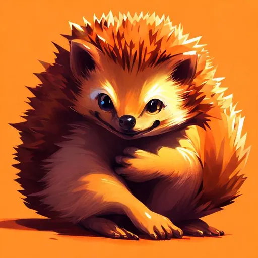 Prompt: Sleek orange hedgehog illustration, vibrant and energetic, fantasy landscape, detailed fur with warm highlights, determined and adventurous gaze, high-res, high-quality, anime, fantasy, warm tones, detailed eyes, professional, dynamic lighting