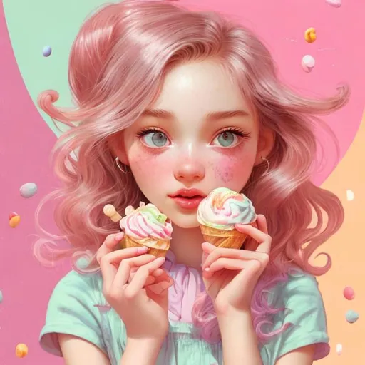 Prompt: Cute 14-year-old girl in a vibrant ice cream parlor, colorful and playful, whimsical illustration, pastel color tones, soft and natural lighting, youthful and joyful, detailed features, high quality, pastel colors, whimsical, vibrant, playful, happy, detailed facial features, soft lighting