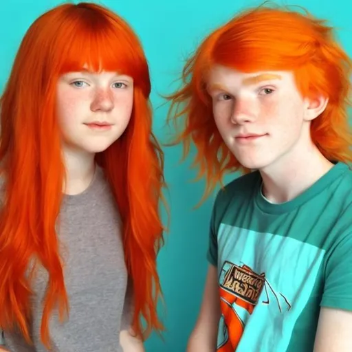 Prompt: e.g. A 14 year old boy with orange hair and a 14 year old girl with minty hair