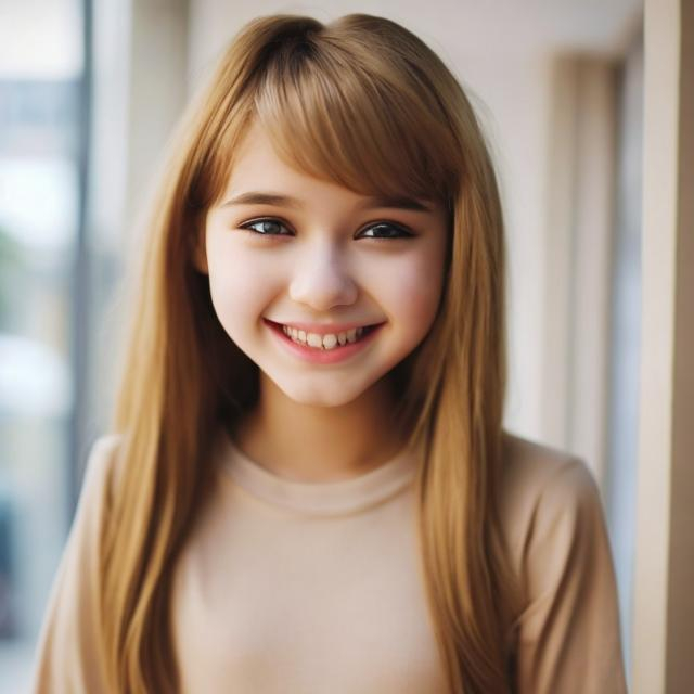 Prompt: e.g. a cute 13 year old girl with beige hair smiling cutely