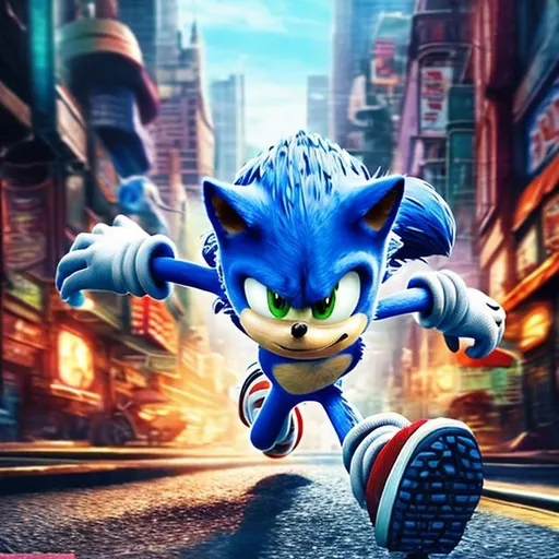 Prompt: Sonic The Hedgehog in a vibrant urban city, 3D rendering, bustling streets with colorful buildings, dynamic action pose, detailed fur and spines, energetic and powerful, high quality, 4k, ultra-detailed, vibrant 3D rendering, dynamic pose, detailed features, bustling urban city, colorful buildings, high energy