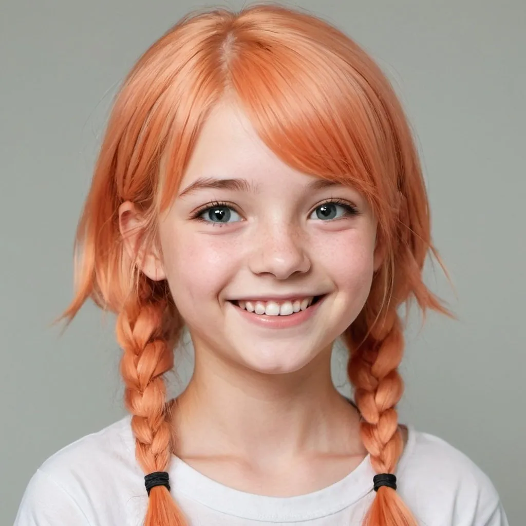 Prompt: e.g. A cute 14 year old girl with salmon colored hair and smiling cutely
