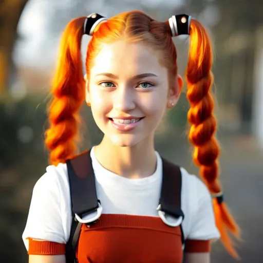 Prompt: e.g. A 13 year old girl with red orange colored ponytails and braces
