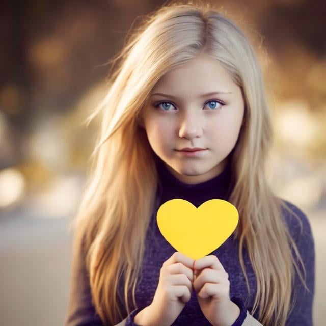 Prompt: e.g. a cute blond 12 year old girl holding a heart