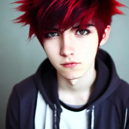 Prompt: e.g. A cute 20 year old boy with white and red colored emo hair
