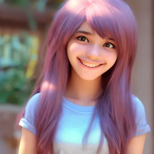 Prompt: e.g. A cute 13 year old girl with coral colored hair and smiling cutely