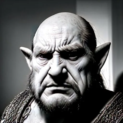 Prompt: Unkempt and antisocial dwarf warrior. Tired and sad. Elderly. Heavyset. Clean-shaven. Bulbous nose. Pointed ears. Just a little patchy stubble on chin. Wearing chainmail.  Black and white image from 3/4 profile, far side of face in shadow