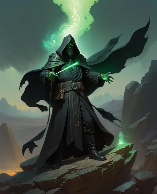 Prompt: a wizzard in a black assasin suit with a green light on his chest and a wand in his hand, standing on a rock, Alejandro Burdisio, fantasy art, magic the gathering artwork, concept art