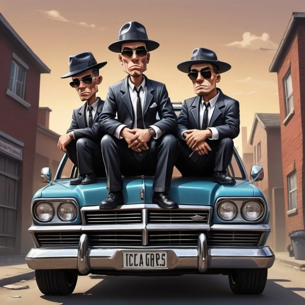 Prompt: gangsters sitting on a car in a cartoon form
