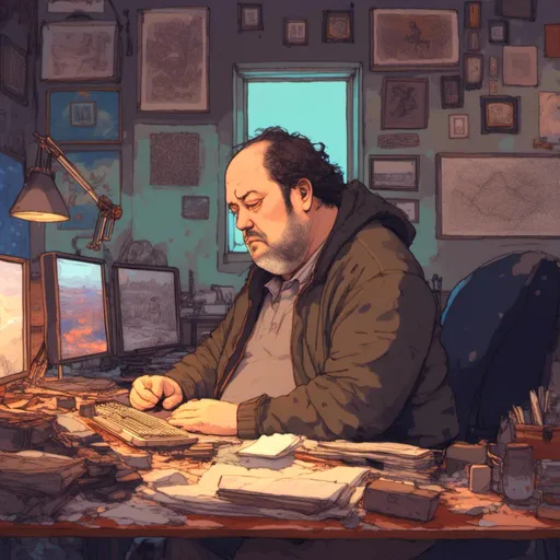 Prompt: <mymodel>a lonely (44-year-old) overweight middle-aged engineer, sitting at a computer, watching a Japanese drama, warm, muted colors, cozy atmosphere, soft lighting, highlighting the isolation, cluttered desk, technology-related items scattered around, emotions of nostalgia and loneliness, reflective expression, ultra-detailed, 4K quality.