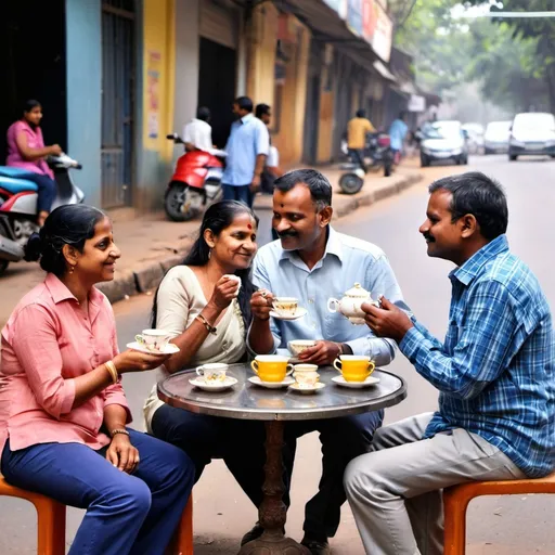 Prompt: 2 couples in their mid 40s having tea on the streets of Bangalore 