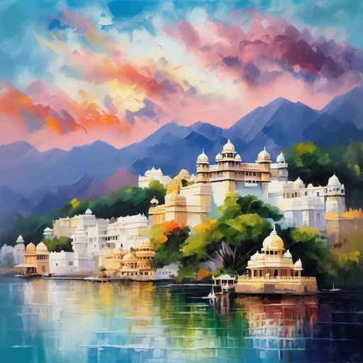 Prompt: oil paint city of Udaipur in India, Visible strokes,rough edges, colorful, pleasant weather, pastel skies backdrop, lake, floral , mountains, scenic, larger skies, panaromic views