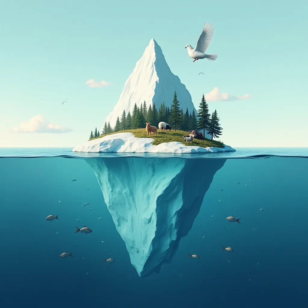 Prompt: an iceberg surrounded with water with fish under the water and a forest on a little island with animals in it and a white pigeon flying