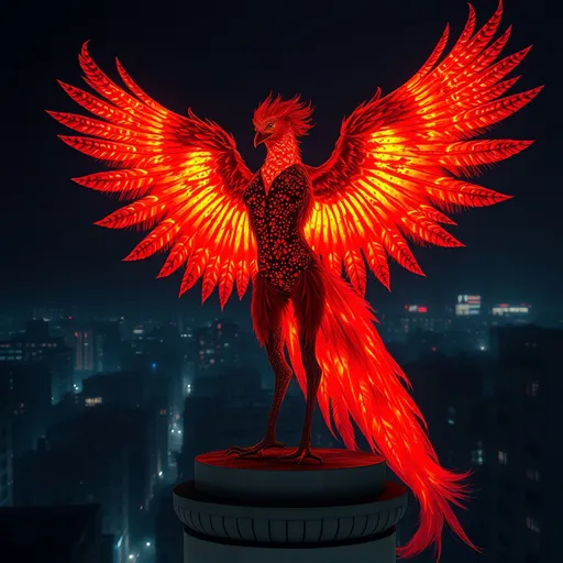 Prompt: in the style of Marilyn Minter's, 12th century vibrant colours of a perfect feature  woman tanned "red monica" phoenix , anthropomorphic , furry, human, standing over a apartment building, , BiggalsOctane render, volumetric lighting, shadow effect, insanely detailed and intricate, vivid detail,, feathers, glowing bioluminescent flamed wings