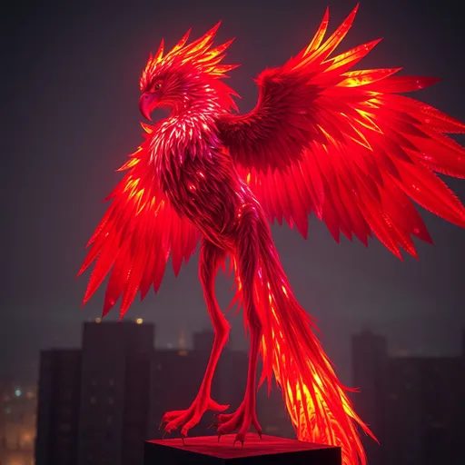 Prompt: in the style of Marilyn Minter's, 12th century vibrant colours of a perfect feature  woman tanned "red monica" phoenix , anthropomorphic , furry, human, standing over a apartment building, , BiggalsOctane render, volumetric lighting, shadow effect, insanely detailed and intricate, vivid detail,, feathers, glowing bioluminescent flamed wings