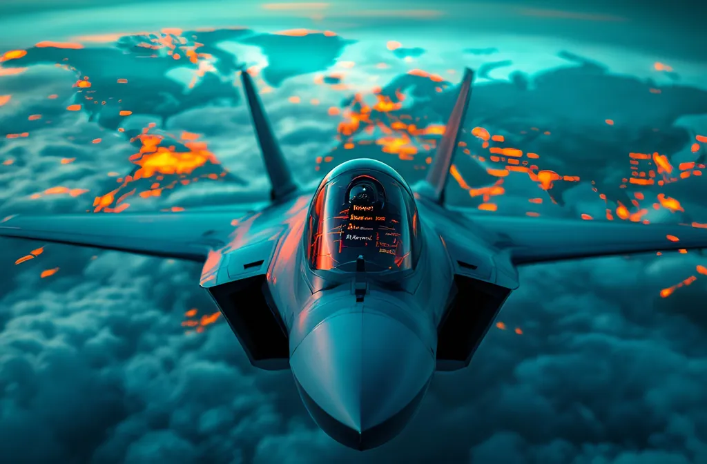 Prompt: Low-angle shot of F-35 fighter jet with pilot in foreground and world map with power rankings in background, cinematic color grading with orange/teal contrast