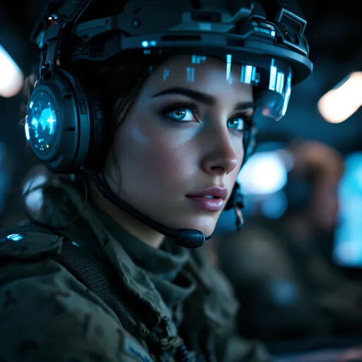 Prompt: Tactical Communications
"Intimate cinematic 8K close-up of female tactical communications specialist with advanced headset in forward command center, multiple holographic displays visible with battlefield data, blue-tinted lighting from screens illuminating concentrated face, ultra-detailed military communications equipment, realistic skin textures with subtle perspiration, reflections in eyes showing tactical map, military patches visible on uniform, shallow depth of field isolating subject from busy background of other operators, cinematic lighting with practical light sources, documentary-style handheld subtle movement"